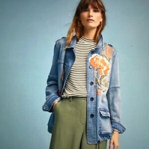Anthropology Embroidered Denim Anorak Jacket